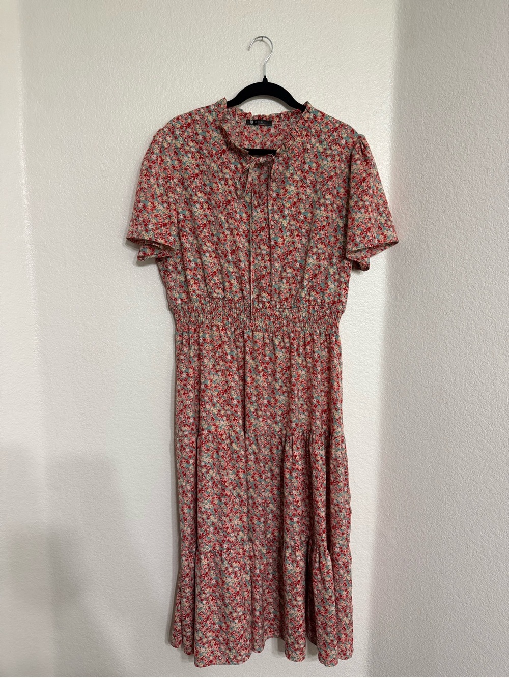 Amazon Red Floral Tie-Neck Midi Dress